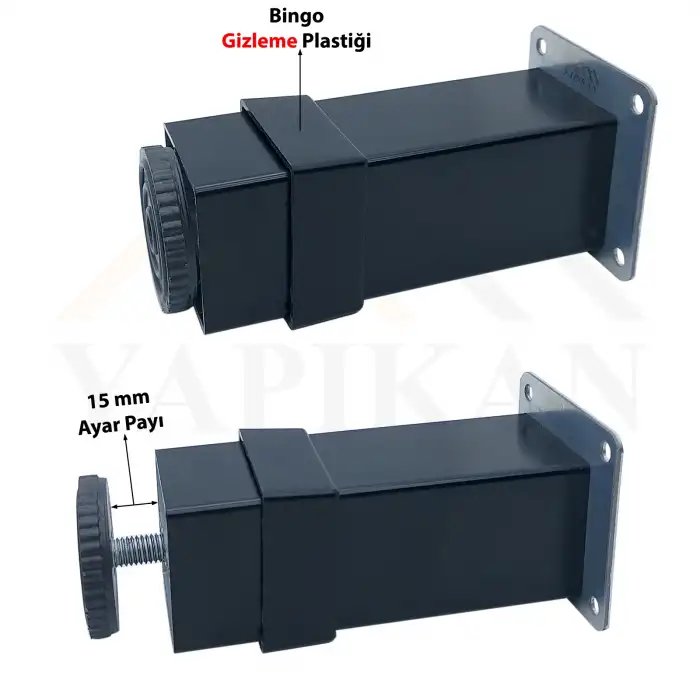 Dekoratif Mat Siyah Mobilya Ayağı 20 cm - 40x40 Alüminyum Düz Kare Ayak - Ayarlı Baza Koltuk Çekyat Kanepe Ayağı