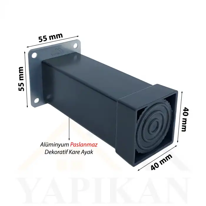 Dekoratif Mat Siyah Mobilya Ayağı 20 cm - 40x40 Alüminyum Düz Kare Ayak - Ayarlı Baza Koltuk Çekyat Kanepe Ayağı