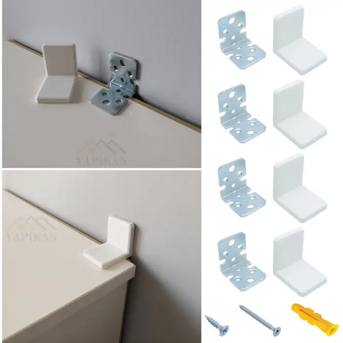 Beyaz Deprem Güvenliği Ağır Dolap Duvar Sabitleme Aparatı Seti - Mobilya Gardırop Kitaplık Montaj Askı Elemanı