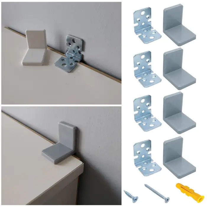 Gri Deprem Güvenliği Ağır Dolap Duvar Sabitleme Aparatı Seti - Mobilya Gardırop Kitaplık Montaj Askı Elemanı