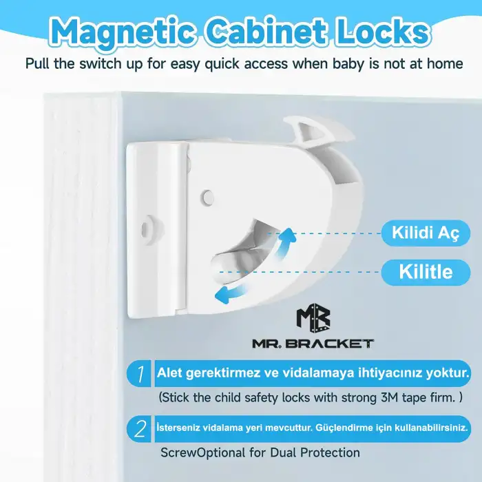 Güçlendirilmiş 4 Kilit + 1 Anahtar Gizli Manyetik Dolap Çekmece Kilidi - Bebek Güvenliği Çocuk Kilit