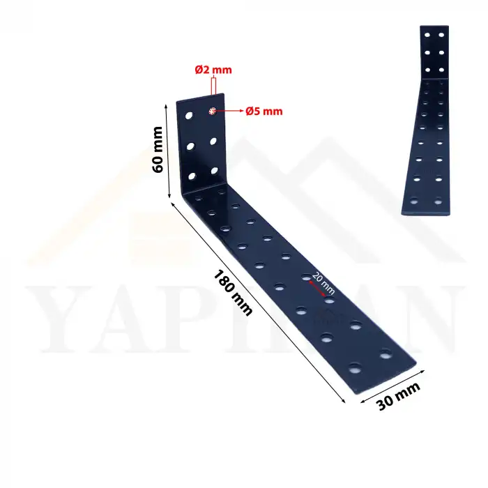 30x60x180 mm - Siyah Dekoratif Dolap Sabitleme Aparatı Çelik - Mobilya Sabitleyici Kit - Duvara Eşya Sabitleme Demiri