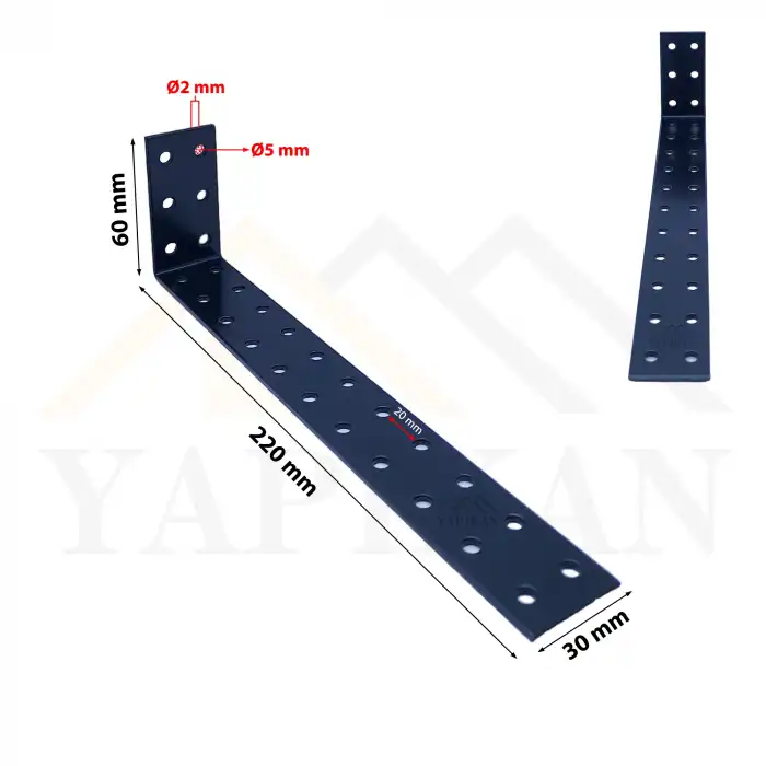 30x60x220 mm - Siyah Dekoratif Dolap Sabitleme Aparatı Çelik - Mobilya Sabitleyici Kit - Duvara Eşya Sabitleme Demiri