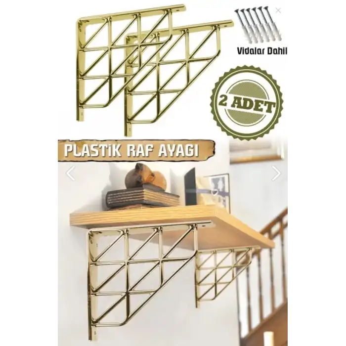 Üçgen Desenli Plastik Altın (Gold) Dekoratif Raf Altı L Ayak 17x18cm - Duvara Raf Tutucu Montaj Askı Aparatı - Mutfak, Banyo, Koridor, Balkon, Çiçeklik Raf Ayağı