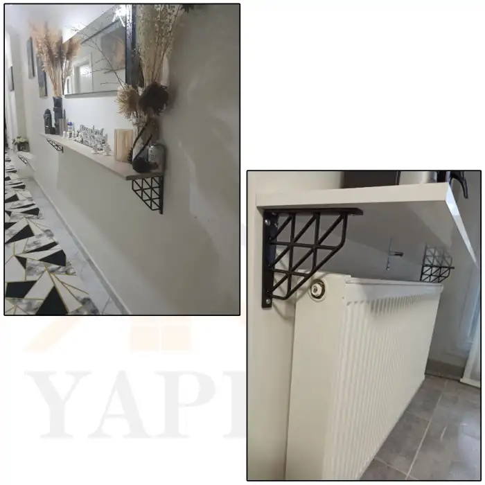 Üçgen Desenli Plastik Siyah Dekoratif Raf Altı L Ayak 17x18cm - Duvara Raf Tutucu Montaj Askı Aparatı - Mutfak, Banyo, Koridor, Balkon, Çiçeklik Raf Ayağı