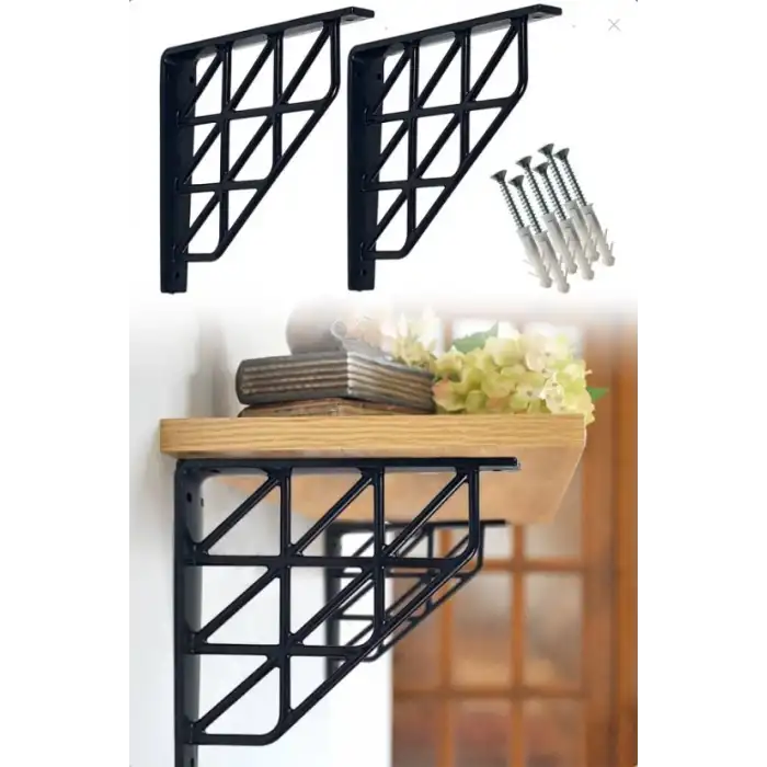 Üçgen Desenli Plastik Siyah Dekoratif Raf Altı L Ayak 17x18cm - Duvara Raf Tutucu Montaj Askı Aparatı - Mutfak, Banyo, Koridor, Balkon, Çiçeklik Raf Ayağı
