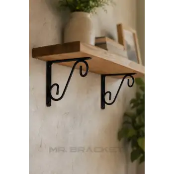 11x15cm- 2 ad. Siyah Ferforje Ayağı Raf Altı Tutucu Ayak - Metal L Demir Duvar Montaj Destek Aparatı