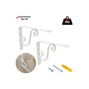 16x19cm- 2 ad. 5mm Ağır Yük Beyaz Ferforje Raf Altı Tutucu Ayak - Metal L Demir Duvar Montaj Aparatı