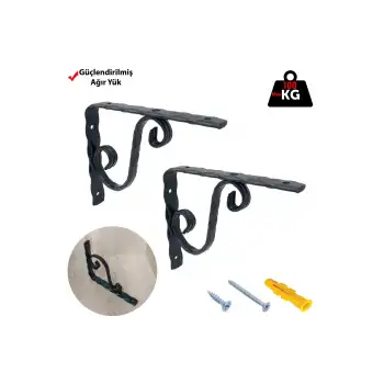 16x19cm- 2 ad. 5mm Ağır Yük Siyah Ferforje Raf Ayağı - Demir Raf Tutucu L Demir Duvar Destek Aparatı