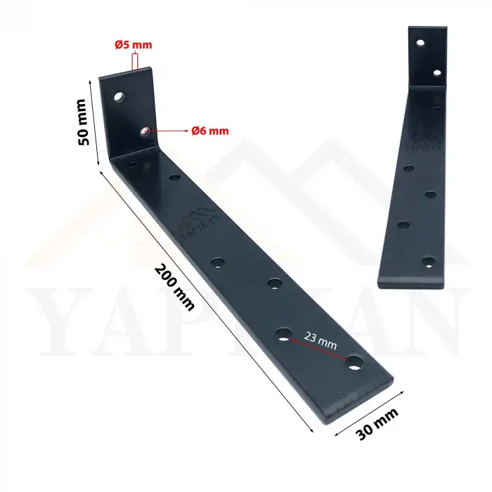 30x50x200mm Ağır Yük Köşebent Siyah Renk - 5mm Kalınlıkta Lama Demiri - Dekoratif Raf Altı L Ayak - Duvara Raf Tutucu Montaj Askı Aparatı
