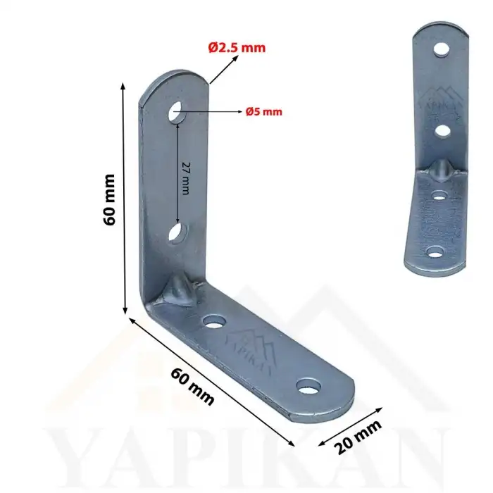 20x60x60 mm - Orta Yük L Demir Gönye Köşebent - Mobilya Dolap Köşe Birleştirme Sabitleme Aparatı - (Kod_614)