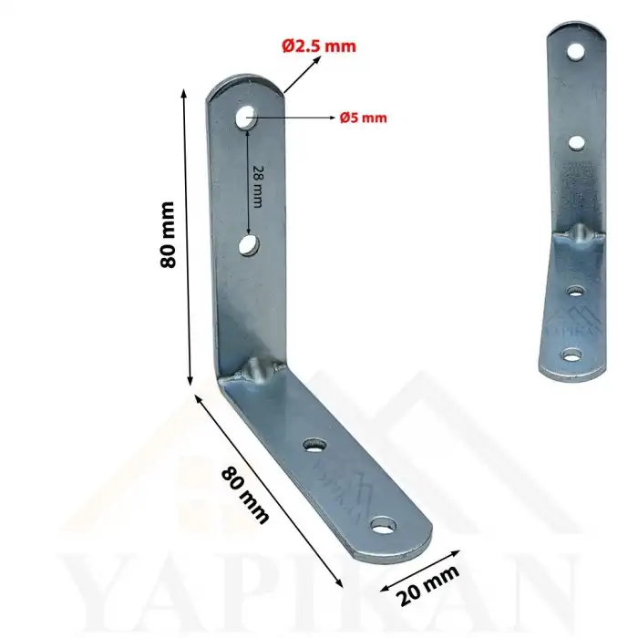 20x80x80 mm - Orta Yük L Demir Gönye Köşebent - Mobilya Dolap Köşe Birleştirme Sabitleme Aparatı - (Kod_615)