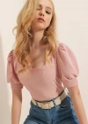 0409 Kare Yaka Örme Bluz  Pudra