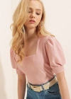 0409 Kare Yaka Örme Bluz  Pudra