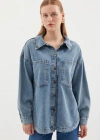 0694 Çift Cepli Oversize Denim Ceket  Buz Mavi
