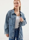 0694 Çift Cepli Oversize Denim Ceket  Buz Mavi