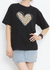 14 Şubat evgililer Günü eopar Kalp Baskılı Oversize Bisiklet Yaka Tshirt  iyah