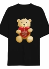 14 Şubat evgililer Günü I ove You Ayı Baskılı Oversize Bisiklet Yaka Tshirt  iyah