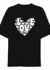 14 Şubat evgililer Günü ove Kalp Baskılı Oversize Bisiklet Yaka Tshirt  iyah