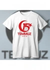 15 Temmuz Demokrasi Ve illi Birlik 2016 Anma Baskılı Bisiklet Yaka Tshirt  Beyaz