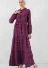 1627 Yaka Bağcıklı Tesettür Elbise  Çapa Mor