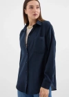 20153 Tek Cepli Oversize Keten Gömlek  Lacivert