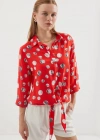 20243 Önü Bağlamalı Desenli Gömlek  Kırmızı
