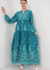 2423 Otantik Desenli Tesettür Elbise  B.Turkuaz