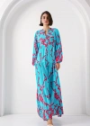 2423 Otantik Desenli Tesettür Elbise  Buz Mavi