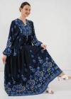 2423 Otantik Desenli Tesettür Elbise  Lacivert 1