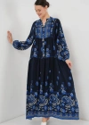 2423 Otantik Desenli Tesettür Elbise  Lacivert 1