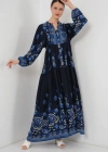 2423 Otantik Desenli Tesettür Elbise  Lacivert 1