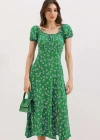 2427 Yırtmaçlı Çiçekli Viskon Elbise  Yeşil