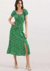 2427 Yırtmaçlı Çiçekli Viskon Elbise  Yeşil
