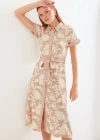 2455 Desenli Gömlek Elbise  Bej