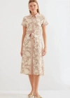 2455 Desenli Gömlek Elbise  Bej