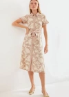 2455 Desenli Gömlek Elbise  Bej