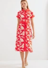 2455 Desenli Gömlek Elbise  Kırmızı