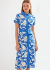 2455 Desenli Gömlek Elbise  Mavi