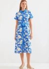 2455 Desenli Gömlek Elbise  Mavi