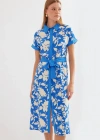 2455 Desenli Gömlek Elbise  Mavi