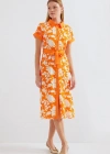 2455 Desenli Gömlek Elbise  Turuncu