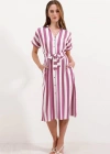 2456 Çizgili Gömlek Elbise  Gül Kurusu