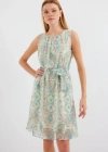 2501 Desenli Sıfır Kol Şifon Elbise  Mint