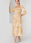 2512 Desenli Yırtmaçlı Elbise  Sarı