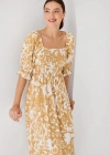 2512 Desenli Yırtmaçlı Elbise  Sarı