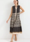2516 Desenli Sıfır Kol Viskon Elbise  Siyah