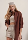 3900 Oversize Uzun Basic Gömlek  Kahverengi