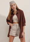 3900 Oversize Uzun Basic Gömlek  Kahverengi