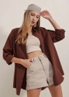 3900 Oversize Uzun Basic Gömlek  Kahverengi